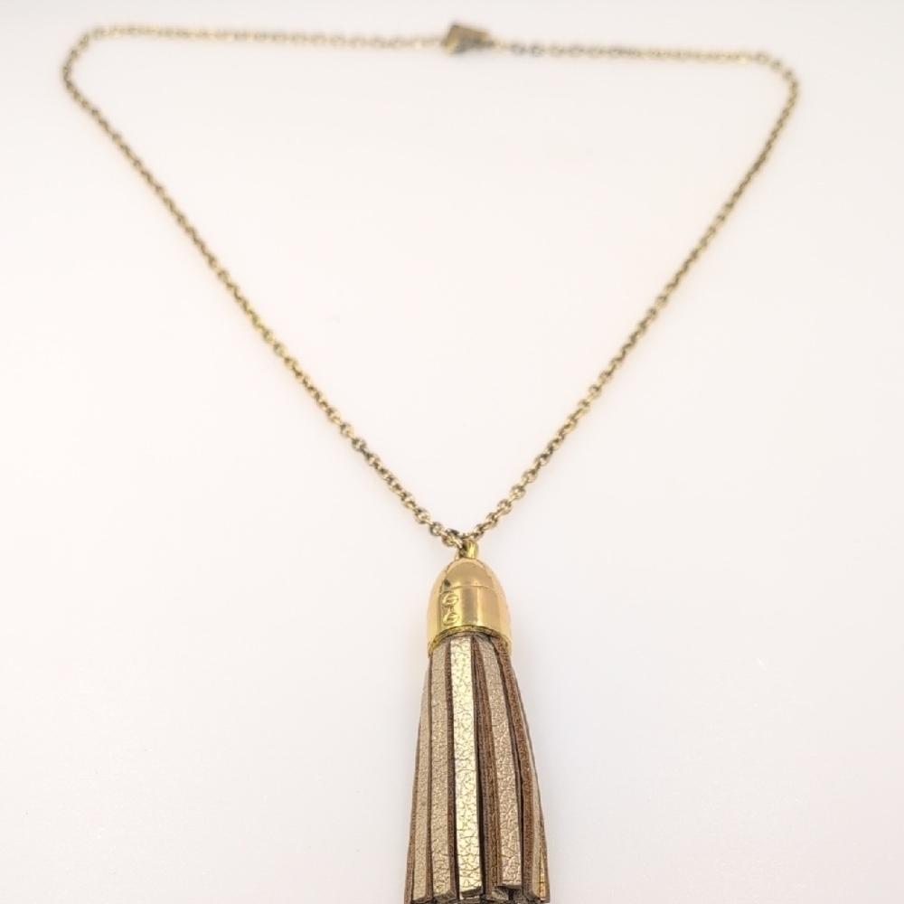 Lilly Pulitzer Metallic Gold Leather Fringe Tassel Pendant Long Necklace 0321